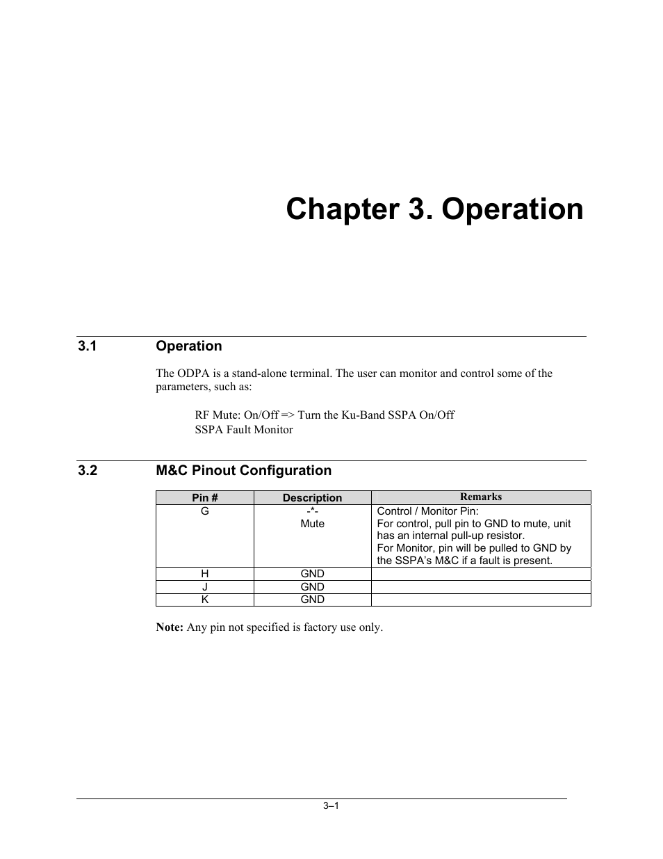 Operation, M&c pinout configuration, Chapter 3. operation | Comtech EF Data Ku-Band Power Amplifier with Optional L-Band User Manual | Page 25 / 34