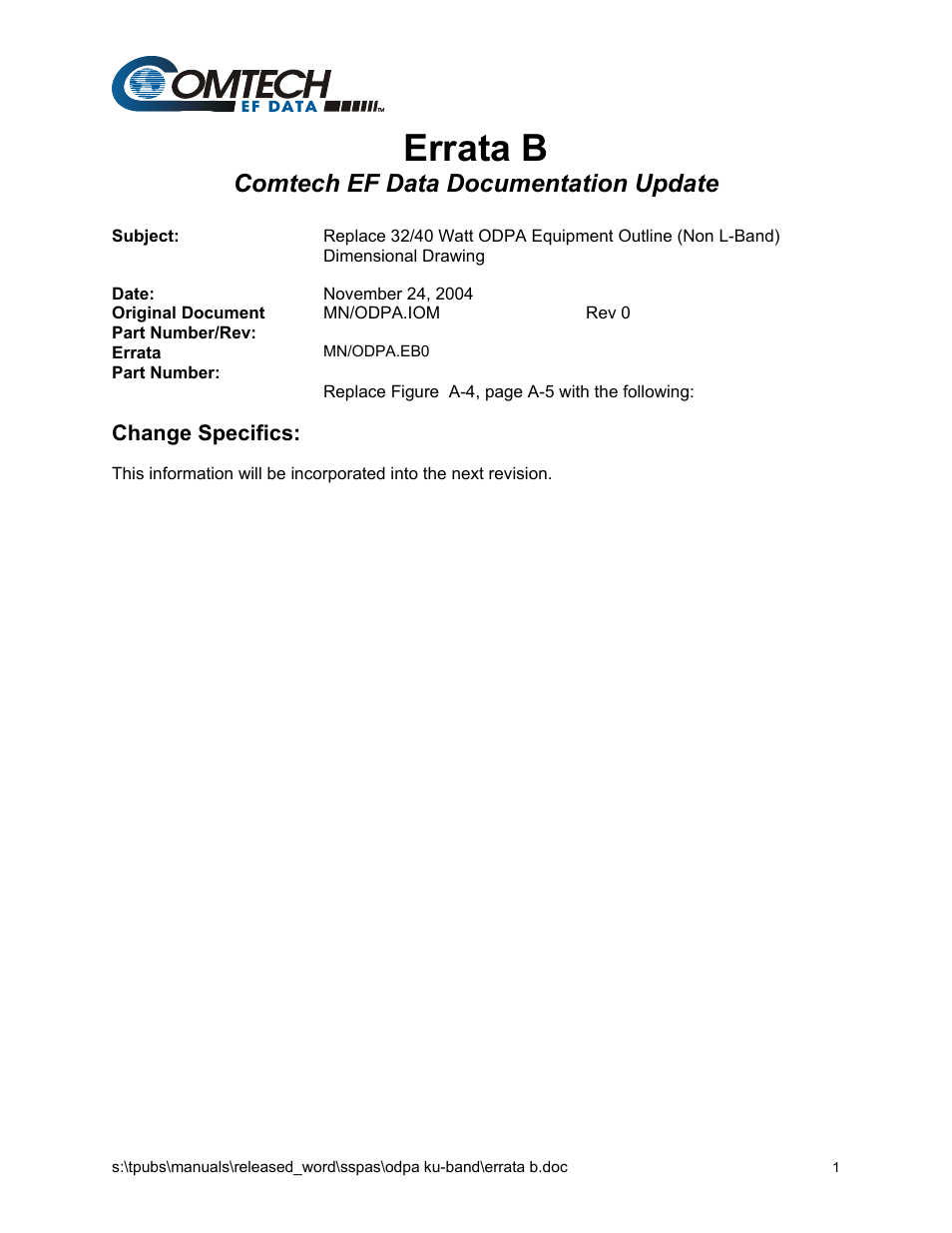 Errata b, Comtech ef data documentation update | Comtech EF Data Ku-Band Power Amplifier with Optional L-Band User Manual | Page 5 / 34