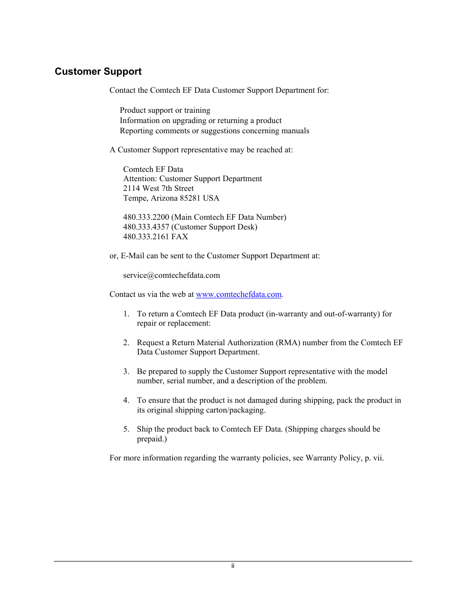 Customer support | Comtech EF Data Ku-Band Power Amplifier with Optional L-Band User Manual | Page 8 / 34