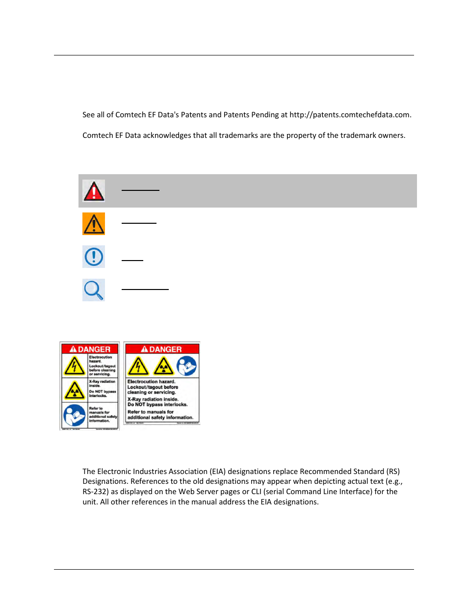 Conventions and references, Patents and trademarks, Warnings, cautions, and notes | Examples of multi-hazard notices, Recommended standard designations | Comtech EF Data SPOD PS 1, PS 1.5, and PS 2 C-, X-, or Ku-Band User Manual | Page 14 / 194