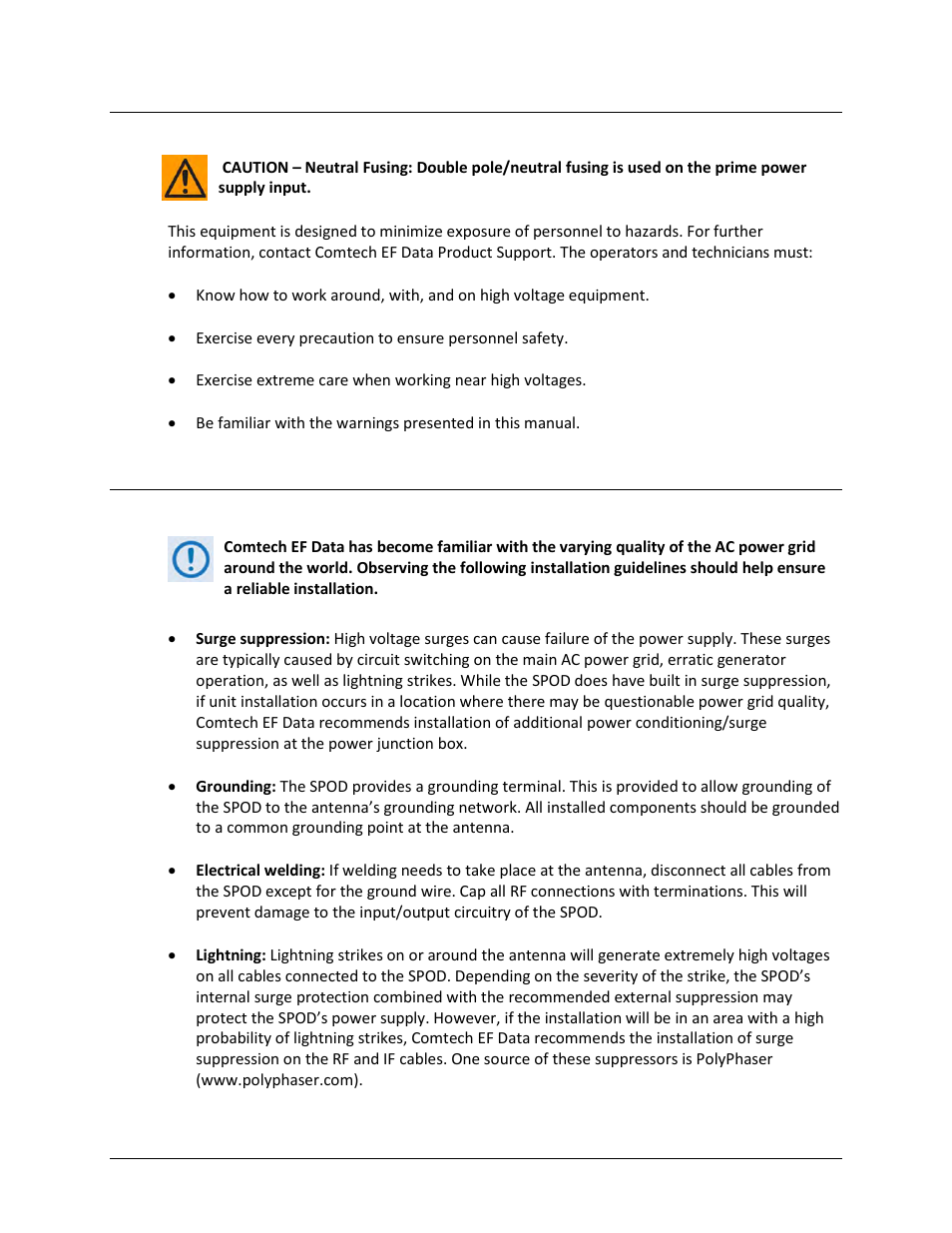 Electrical safety notice | Comtech EF Data SPOD PS 1, PS 1.5, and PS 2 C-, X-, or Ku-Band User Manual | Page 15 / 194