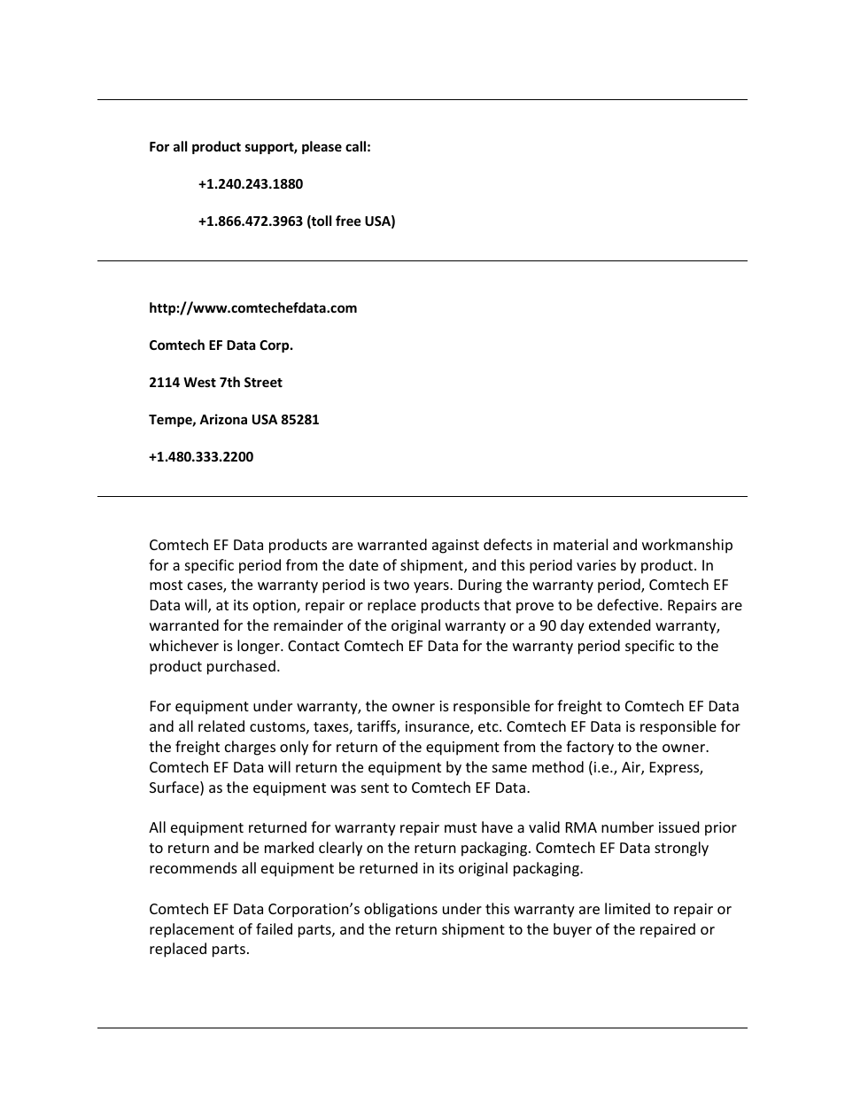 Product support, Comtech ef data headquarters, Warranty policy | Comtech EF Data SPOD PS 1, PS 1.5, and PS 2 C-, X-, or Ku-Band User Manual | Page 16 / 194