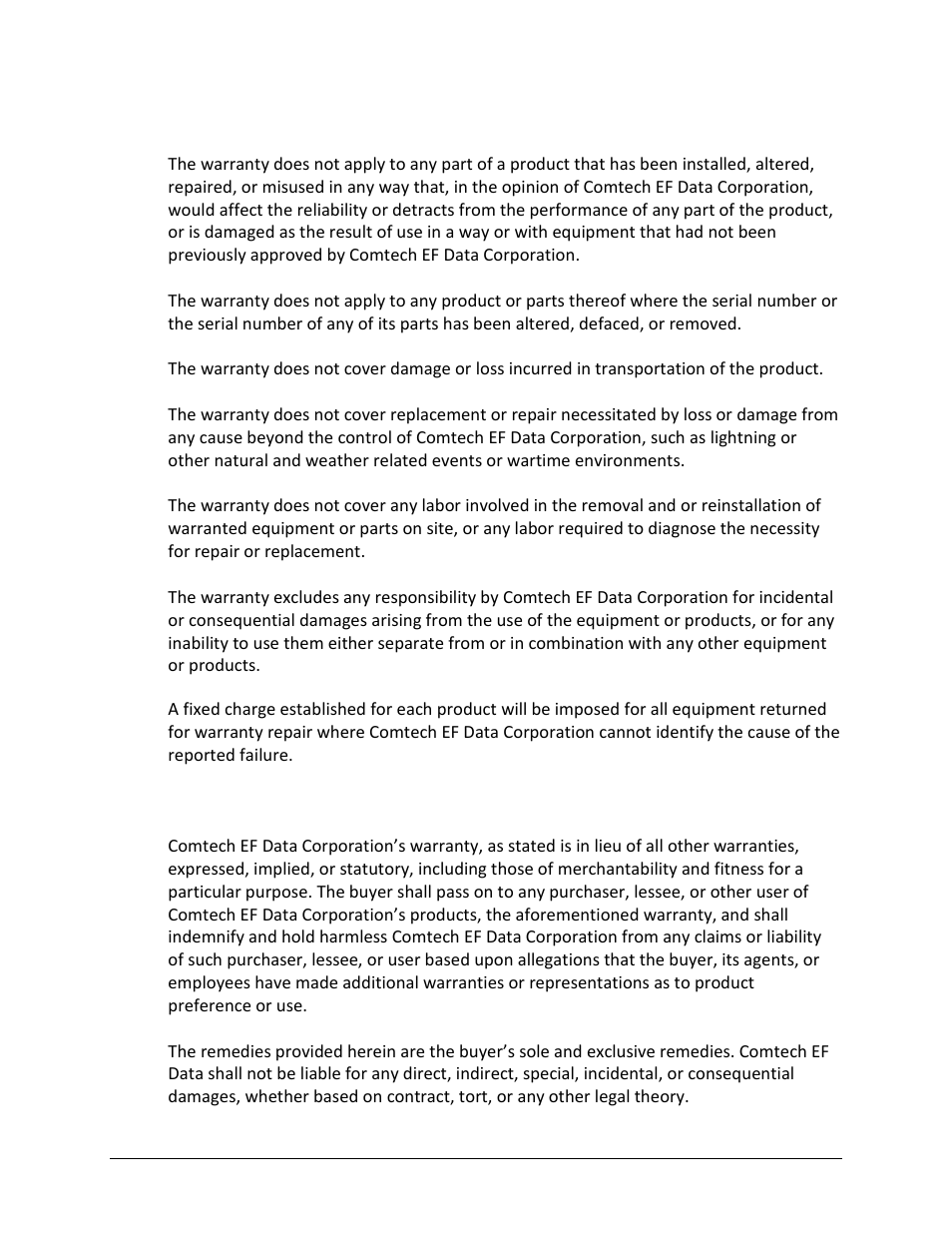 Limitations of warranty, Exclusive remedies | Comtech EF Data SPOD PS 1, PS 1.5, and PS 2 C-, X-, or Ku-Band User Manual | Page 17 / 194