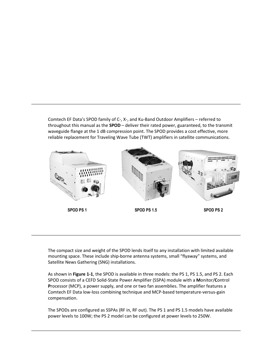 Chapter 1. introduction, 1 overview, 2 functional description | Comtech EF Data SPOD PS 1, PS 1.5, and PS 2 C-, X-, or Ku-Band User Manual | Page 19 / 194