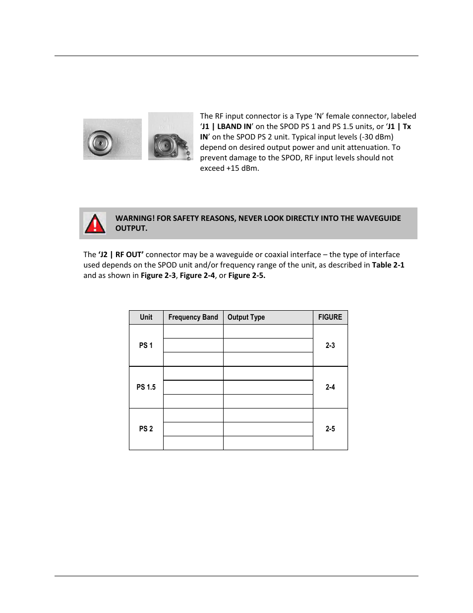 3 interface connectors, 1 connector ‘j1 | l-band in’ or ‘j1 | tx in, 2 connector ‘j2 | rf out | Comtech EF Data SPOD PS 1, PS 1.5, and PS 2 C-, X-, or Ku-Band User Manual | Page 38 / 194