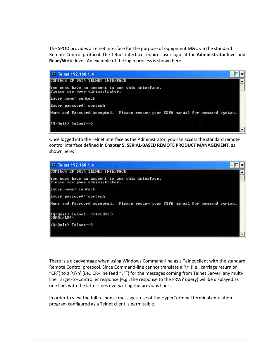 4 telnet interface | Comtech EF Data SPOD PS 1, PS 1.5, and PS 2 C-, X-, or Ku-Band User Manual | Page 64 / 194
