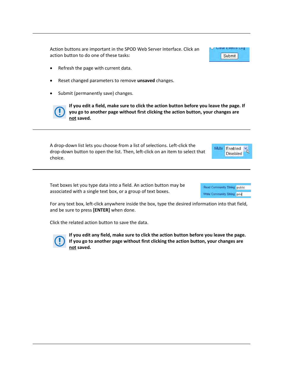 4 action buttons, 5 drop-down lists, 6 text or data entry | Comtech EF Data SPOD PS 1, PS 1.5, and PS 2 C-, X-, or Ku-Band User Manual | Page 69 / 194