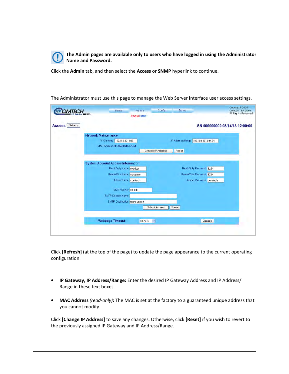 1 admin | access | Comtech EF Data SPOD PS 1, PS 1.5, and PS 2 C-, X-, or Ku-Band User Manual | Page 73 / 194