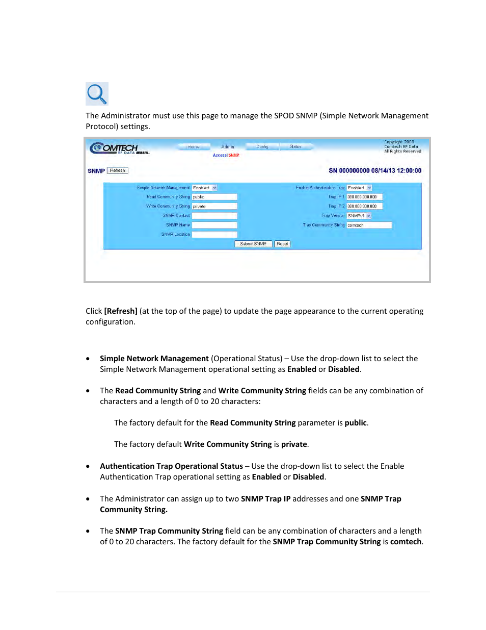 2 admin | snmp | Comtech EF Data SPOD PS 1, PS 1.5, and PS 2 C-, X-, or Ku-Band User Manual | Page 75 / 194