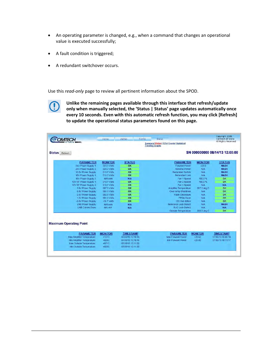 2 status | status | Comtech EF Data SPOD PS 1, PS 1.5, and PS 2 C-, X-, or Ku-Band User Manual | Page 82 / 194
