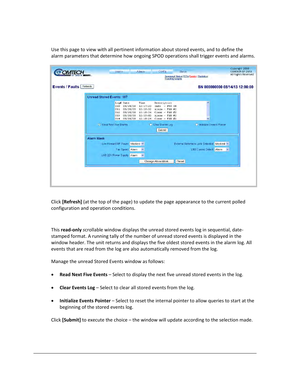 4 status | events | Comtech EF Data SPOD PS 1, PS 1.5, and PS 2 C-, X-, or Ku-Band User Manual | Page 84 / 194