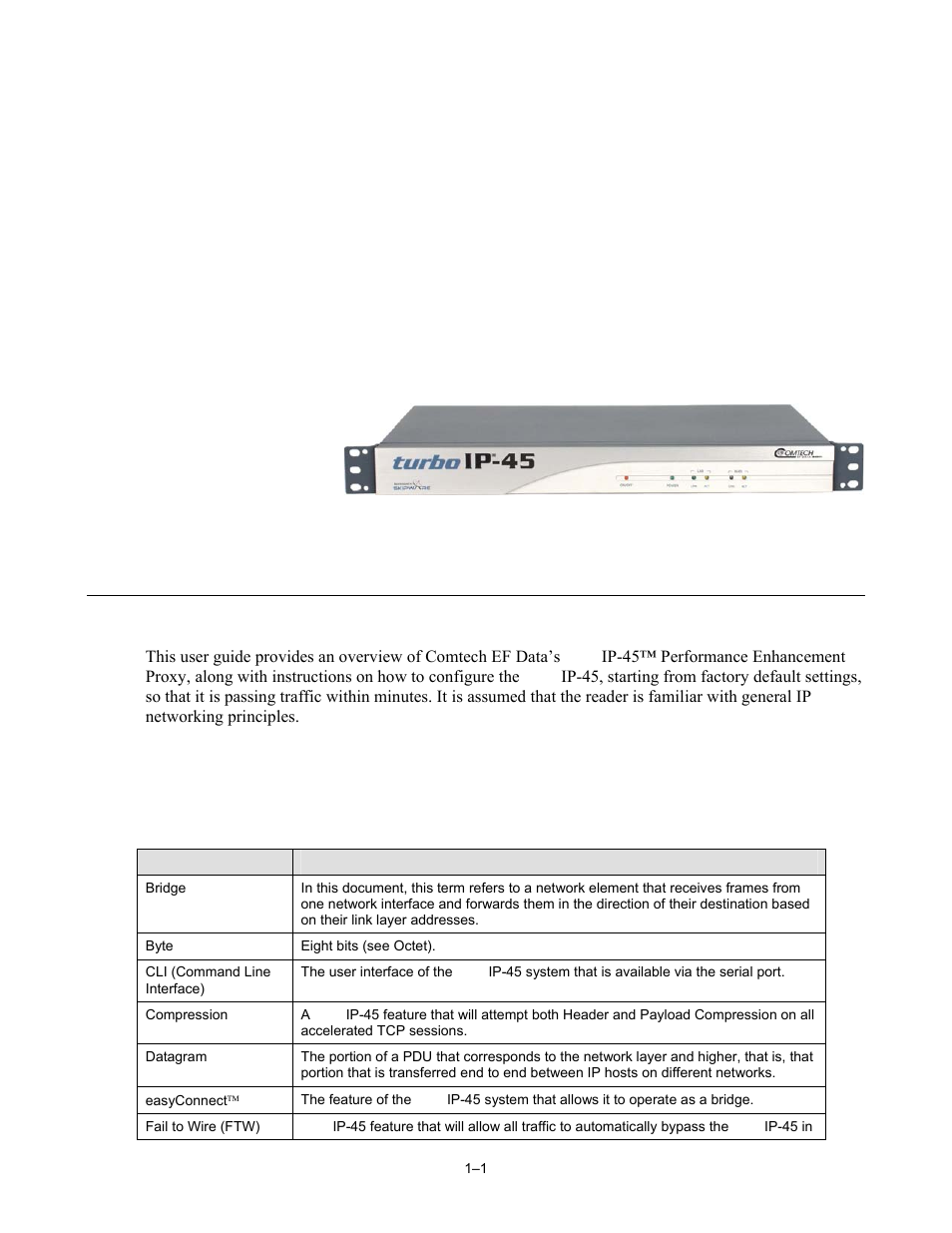 Chapter 1. introduction, 1 introduction, 1 definitions | Turbo ip-45™ performance enhancement proxy | Comtech EF Data turboIP-45 User Manual | Page 13 / 108