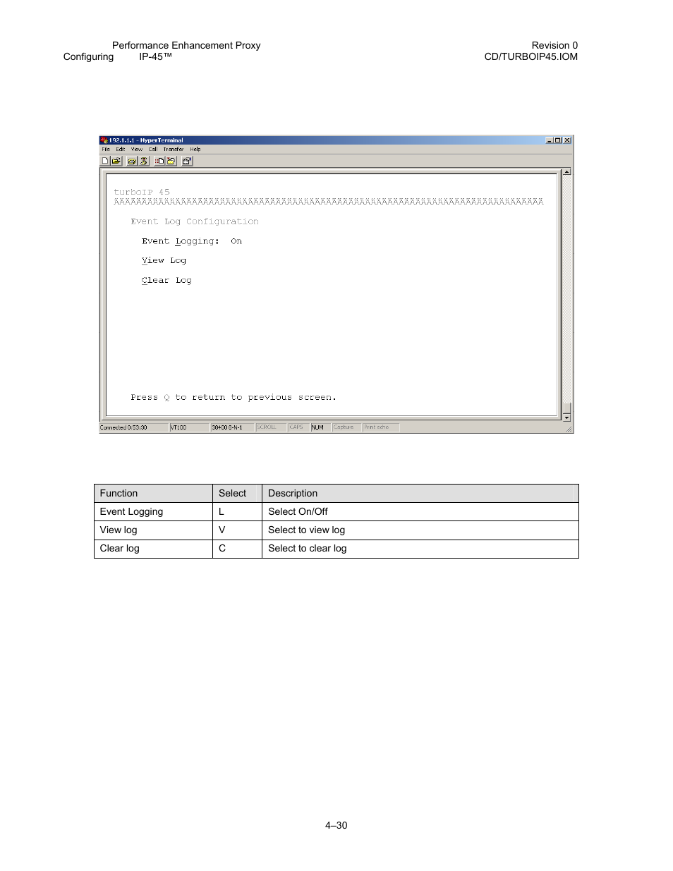 16 administrative event log configuration menu | Comtech EF Data turboIP-45 User Manual | Page 54 / 108