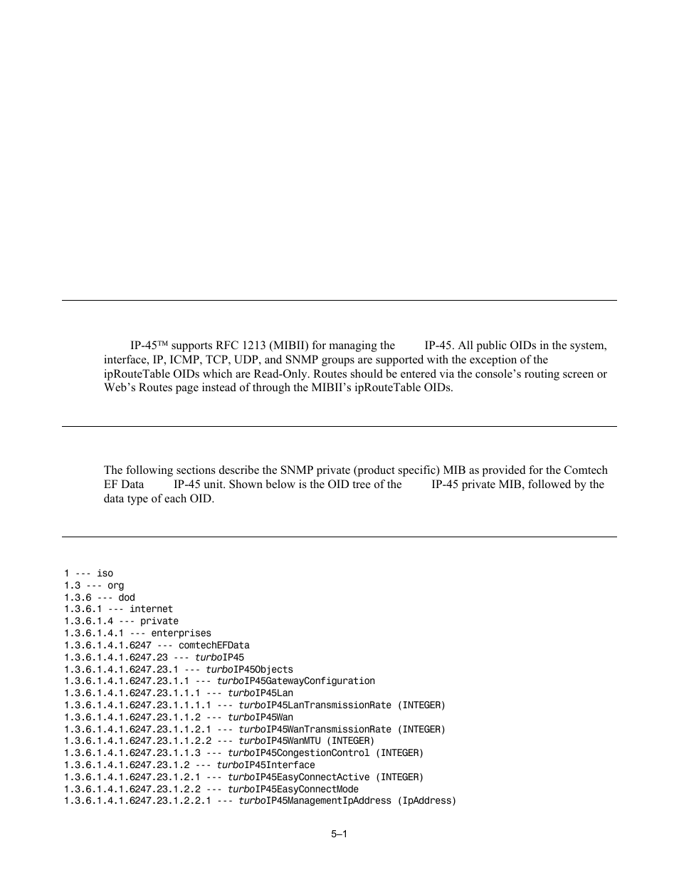 Chapter 5. snmp, 1 mibii support, 2 private mib support | 3 mib tree | Comtech EF Data turboIP-45 User Manual | Page 71 / 108