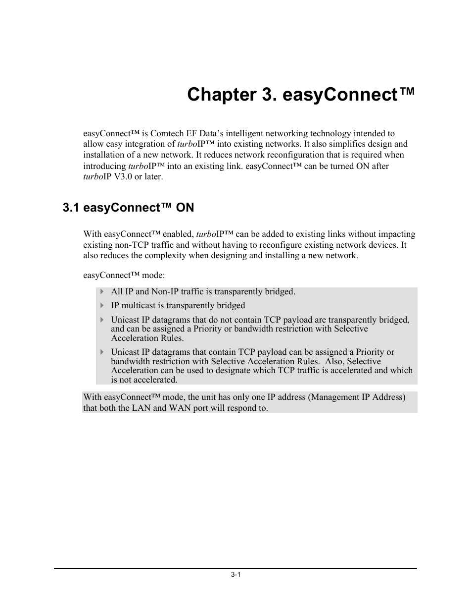 Easyconnect, Chapter 3. easyconnect, 1 easyconnect™ on | Comtech EF Data turboIP v4.0 User Manual | Page 27 / 114