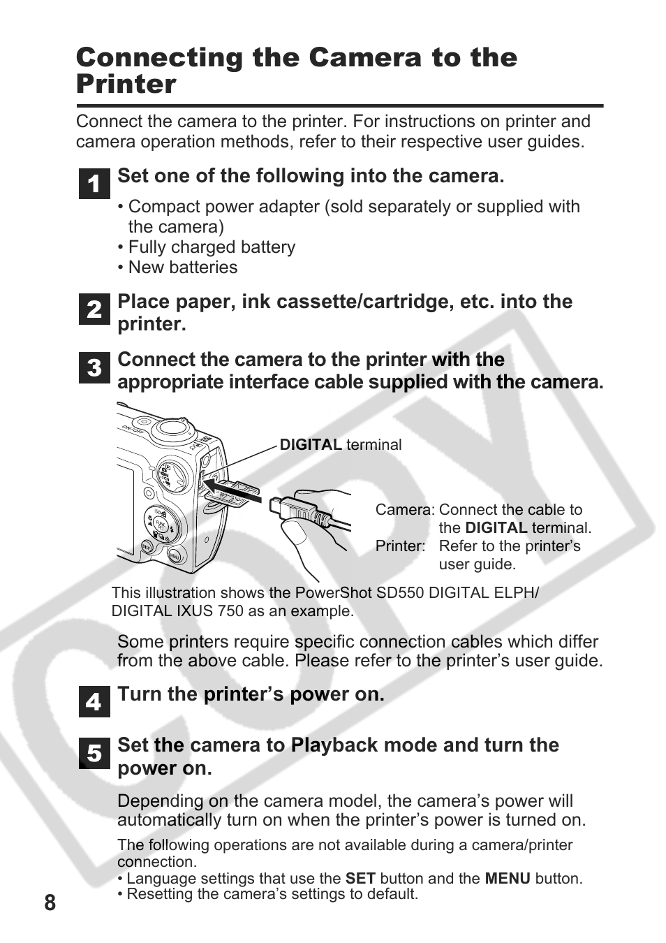 Connecting the camera to the printer | Canon DPUG9 User Manual | Page 10 / 78
