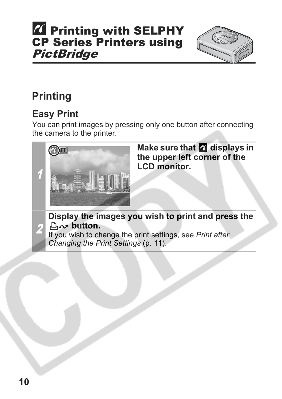 Pictbridge, Printing with selphy cp series printers using | Canon DPUG9 User Manual | Page 12 / 78