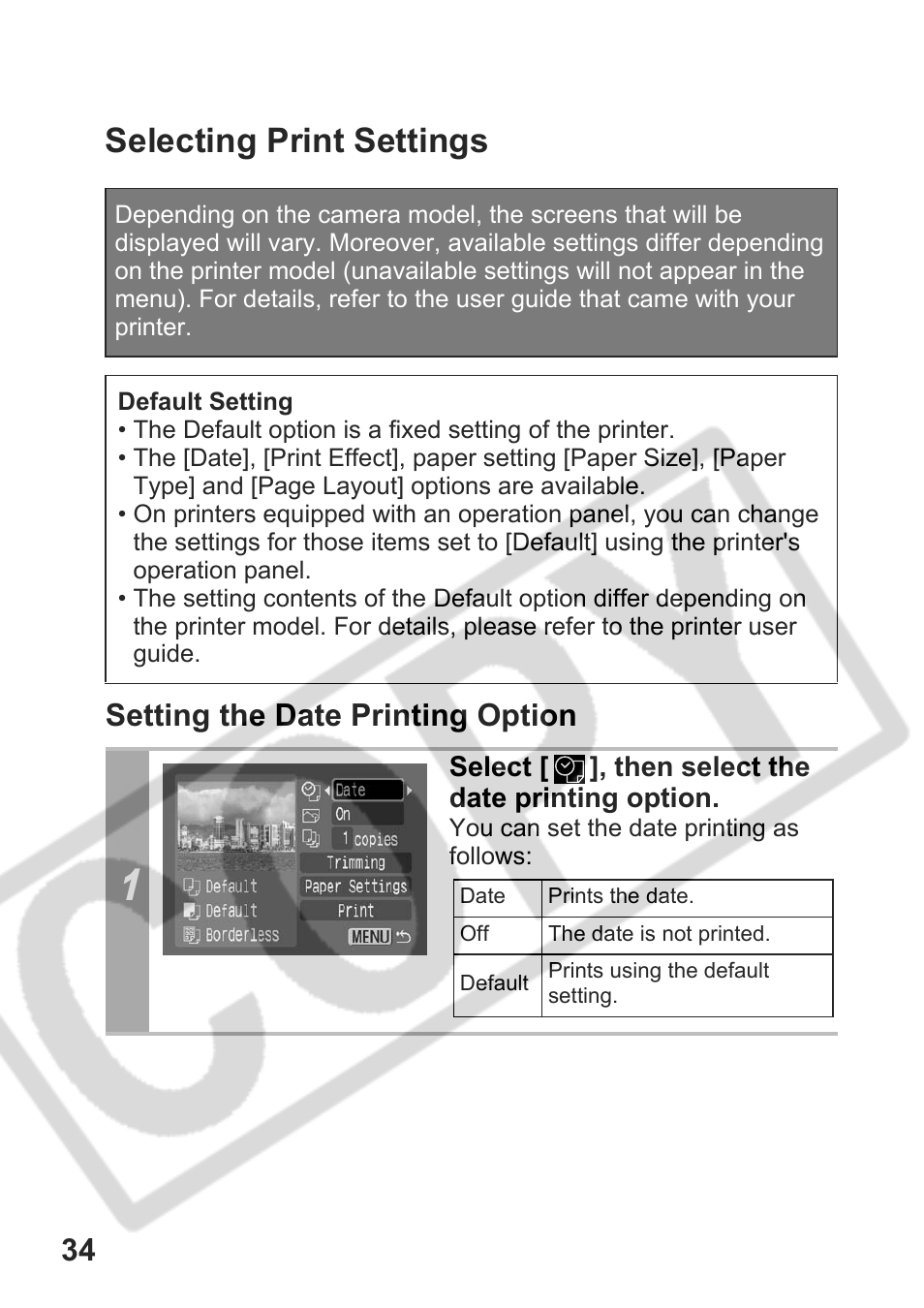 Selecting print settings, Setting the date printing option | Canon DPUG9 User Manual | Page 36 / 78