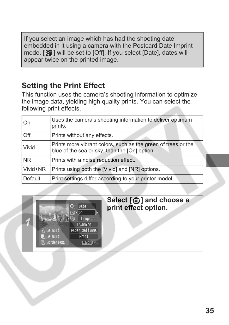 35 setting the print effect, Select [ ] and choose a print effect option | Canon DPUG9 User Manual | Page 37 / 78