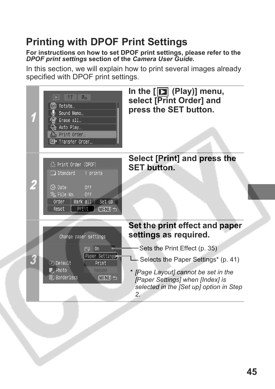 Printing with dpof print settings | Canon DPUG9 User Manual | Page 47 / 78