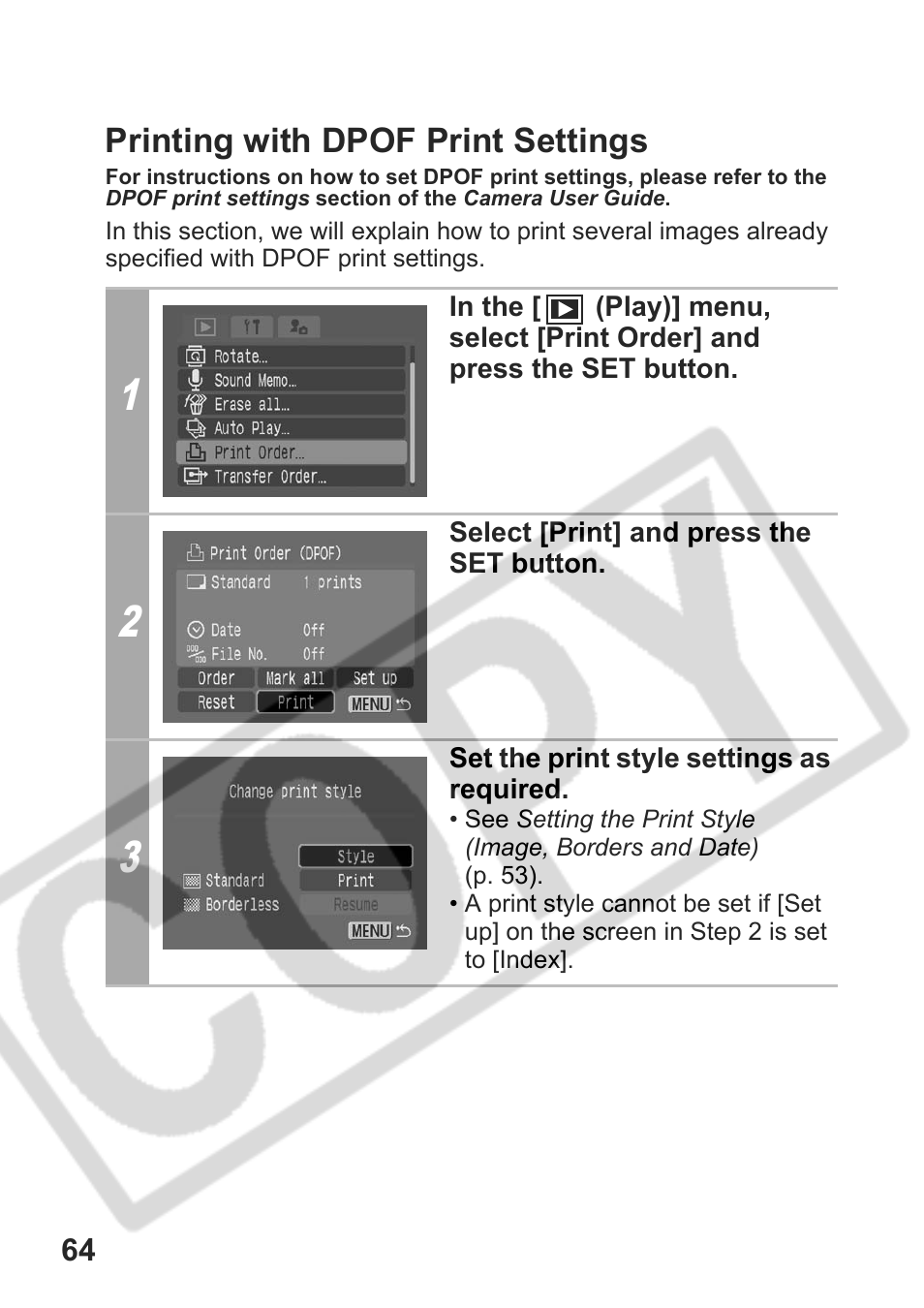 Printing with dpof print settings | Canon DPUG9 User Manual | Page 66 / 78