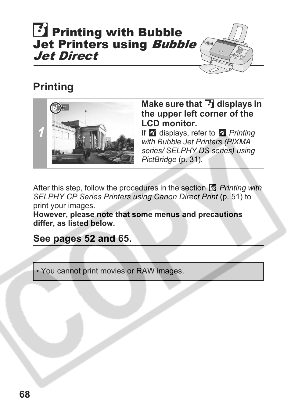Bubble jet direct, Printing with bubble jet printers using, Printing | Canon DPUG9 User Manual | Page 70 / 78
