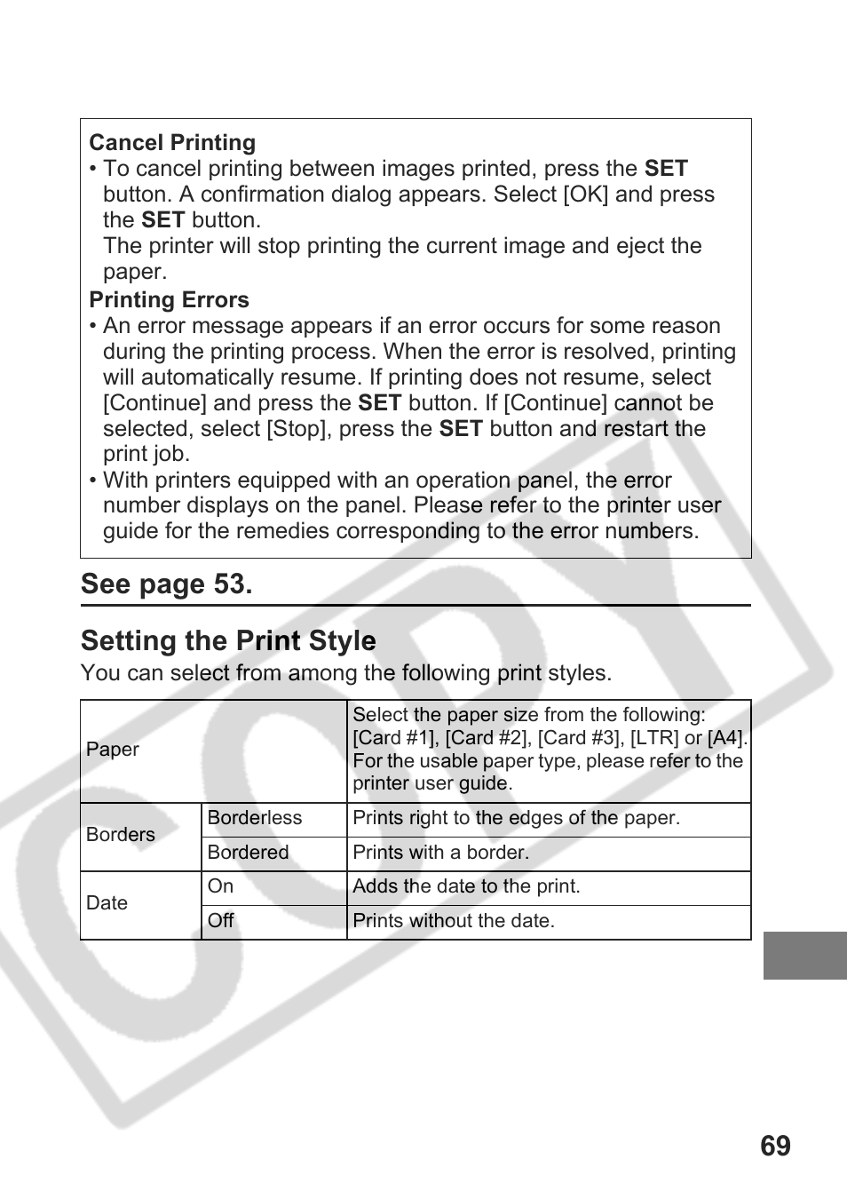 69 see page 53. setting the print style | Canon DPUG9 User Manual | Page 71 / 78