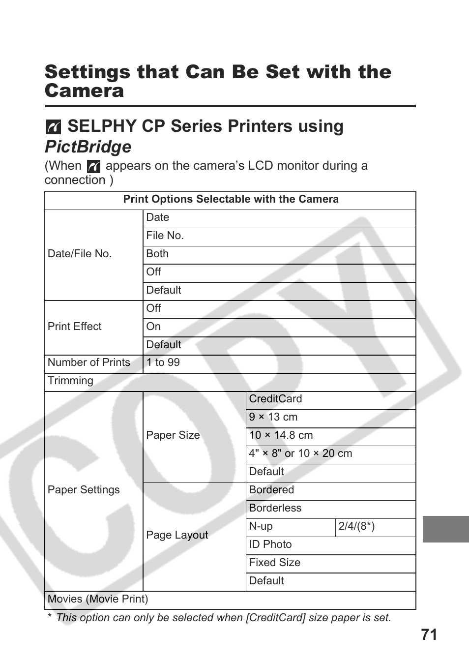 Settings that can be set with the camera, Selphy cp series printers using pictbridge | Canon DPUG9 User Manual | Page 73 / 78