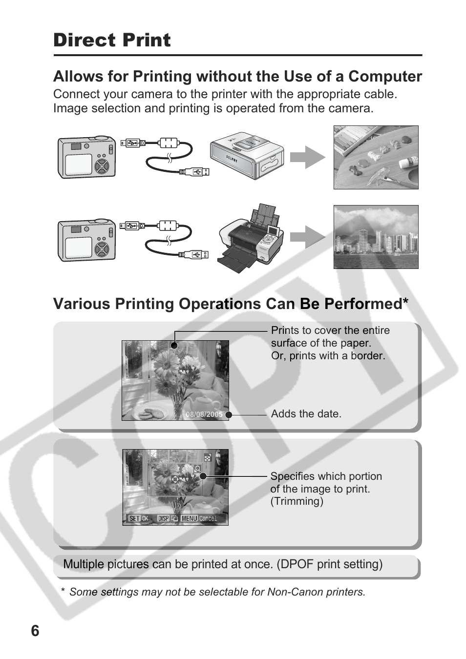 Direct print, Allows for printing without the use of a computer, Various printing operations can be performed | Canon DPUG9 User Manual | Page 8 / 78