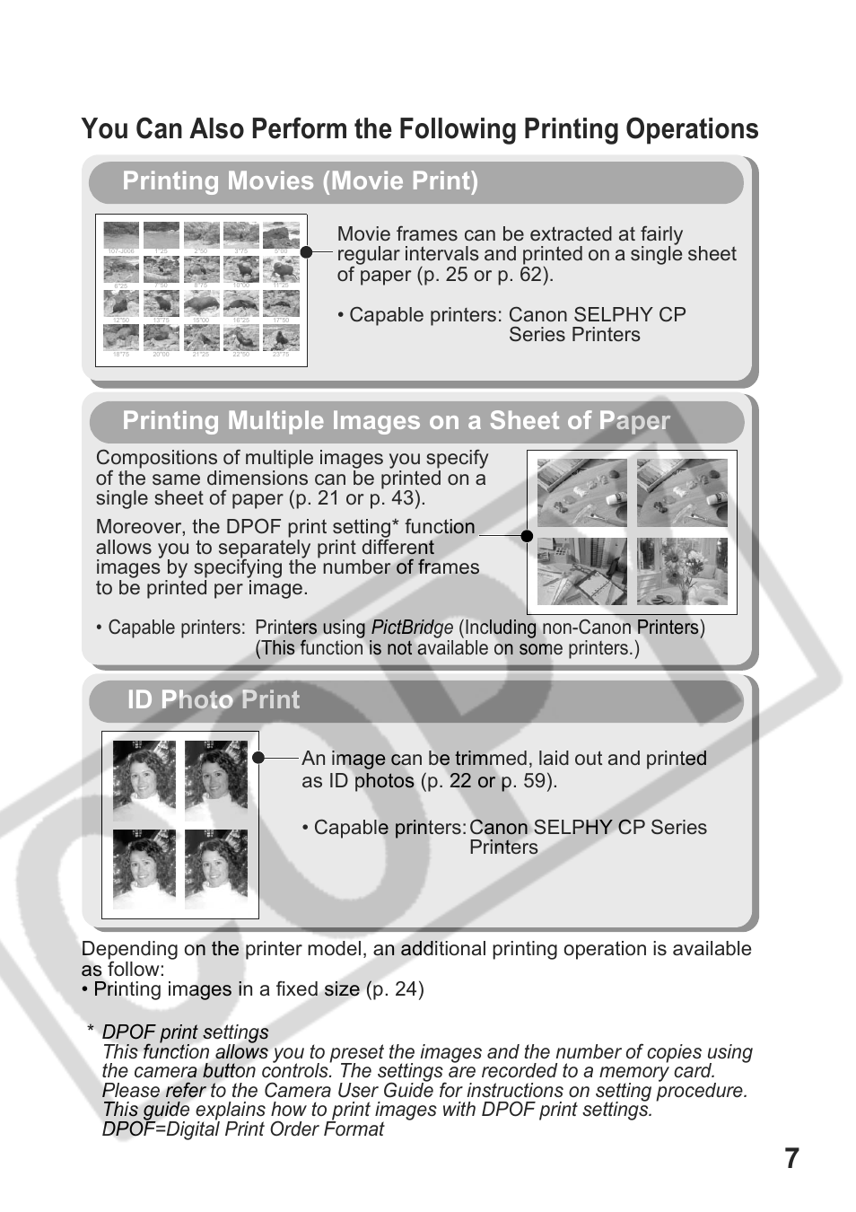 Printing movies (movie print), Printing multiple images on a sheet of paper, Id photo print | Canon DPUG9 User Manual | Page 9 / 78