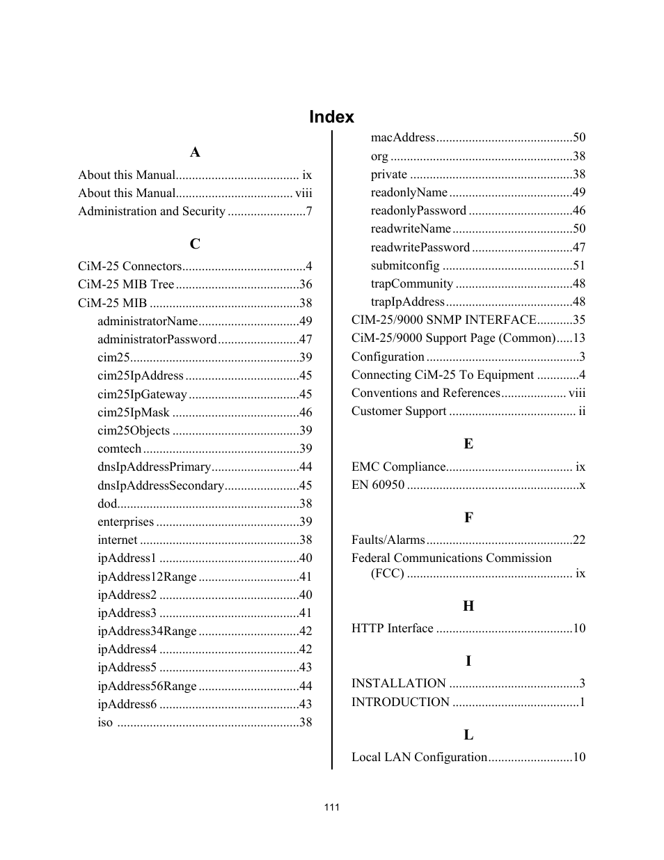 Index | Comtech EF Data CiM-25/9000 User Manual | Page 129 / 134