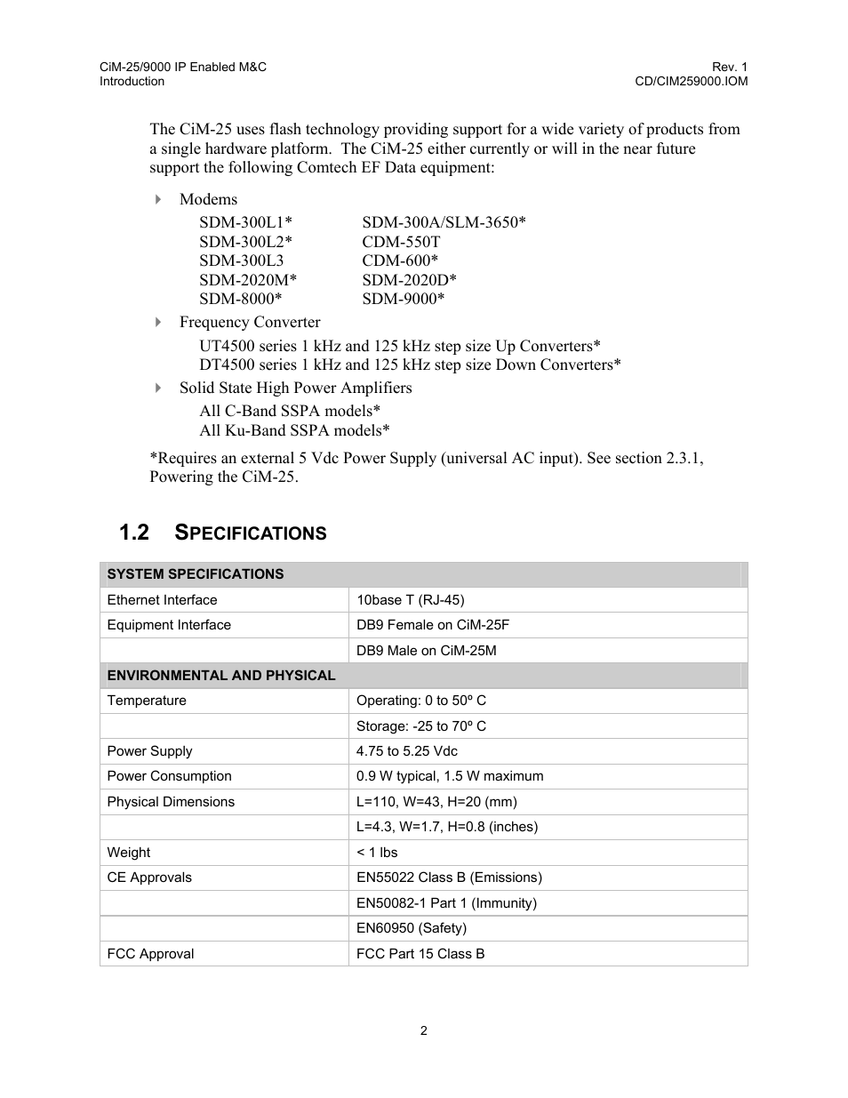 Specifications, Pecifications | Comtech EF Data CiM-25/9000 User Manual | Page 20 / 134