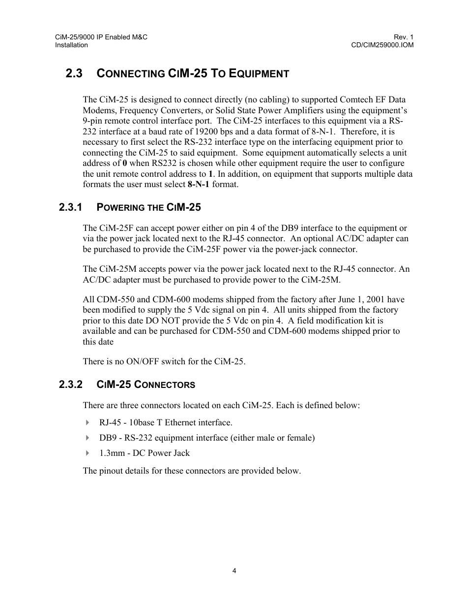 Connecting cim-25 to equipment, Powering the cim-25, Cim-25 connectors | 2 cim-25, Connectors, M-25 t | Comtech EF Data CiM-25/9000 User Manual | Page 22 / 134