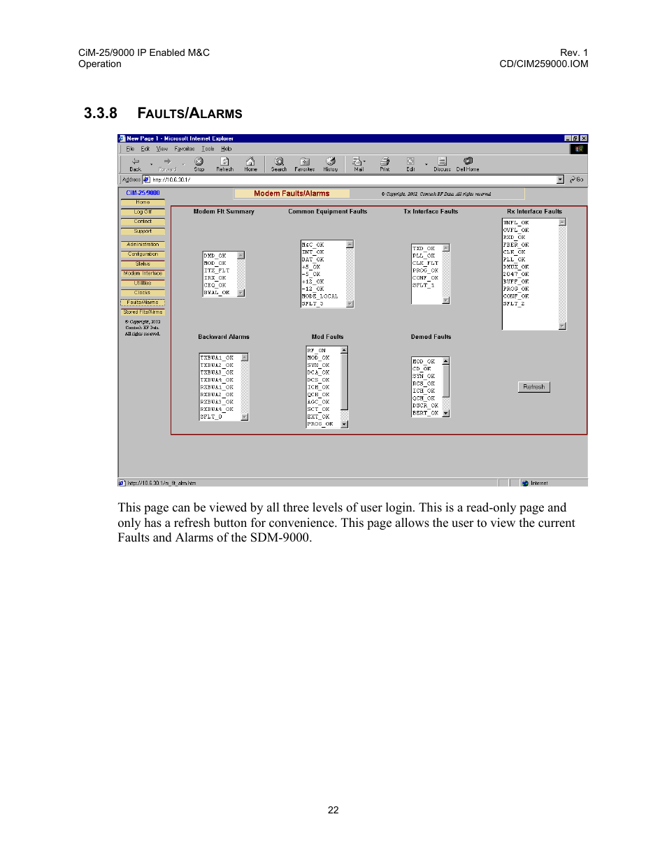 Faults/alarms, 8 faults/alarms | Comtech EF Data CiM-25/9000 User Manual | Page 40 / 134