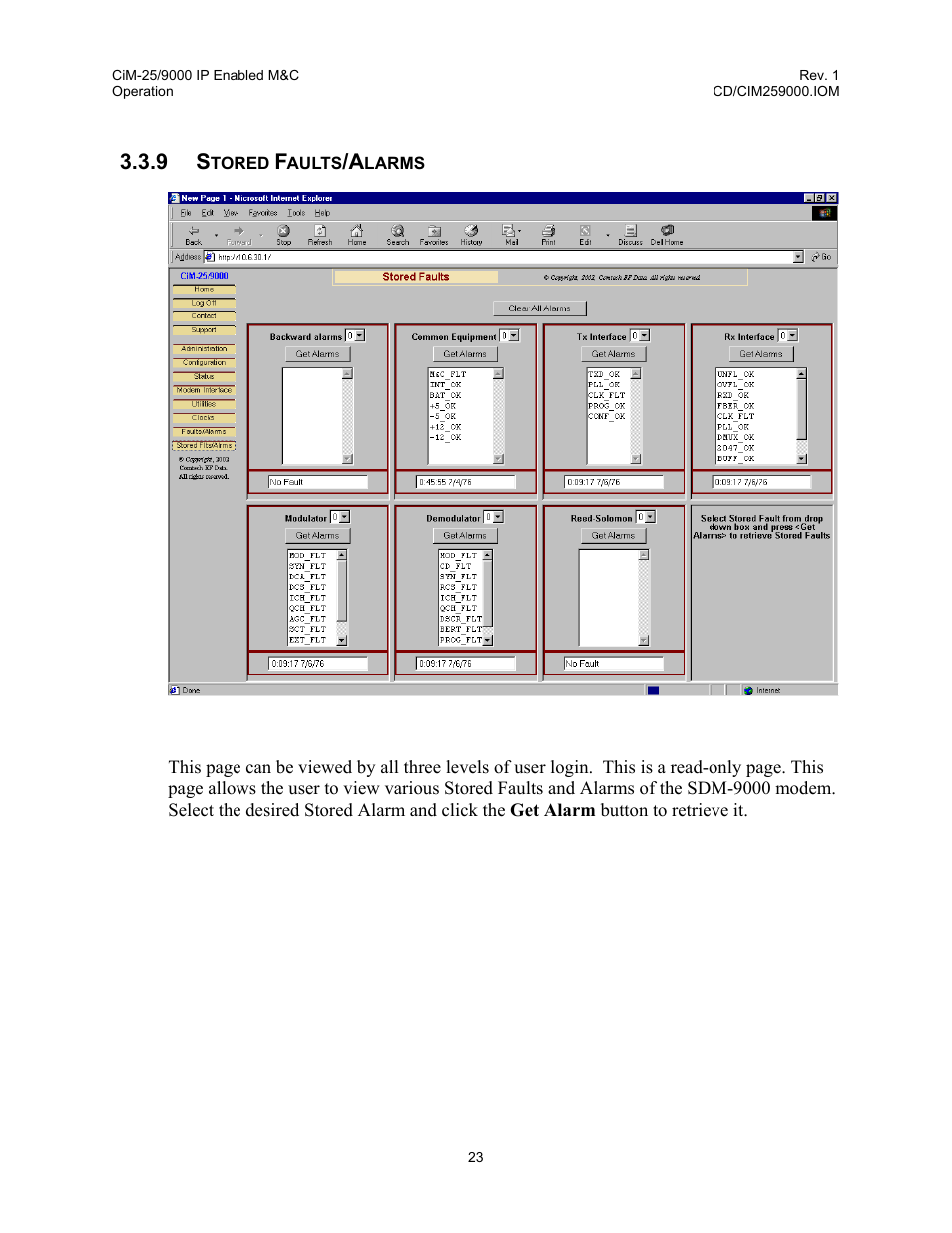 Stored faults/alarms, 9 stored, Faults/alarms | Comtech EF Data CiM-25/9000 User Manual | Page 41 / 134