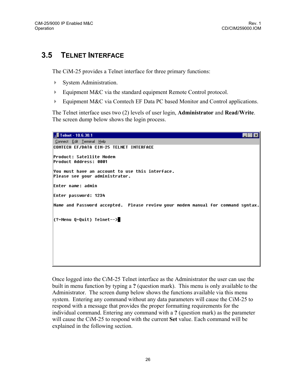 Telnet interface | Comtech EF Data CiM-25/9000 User Manual | Page 44 / 134