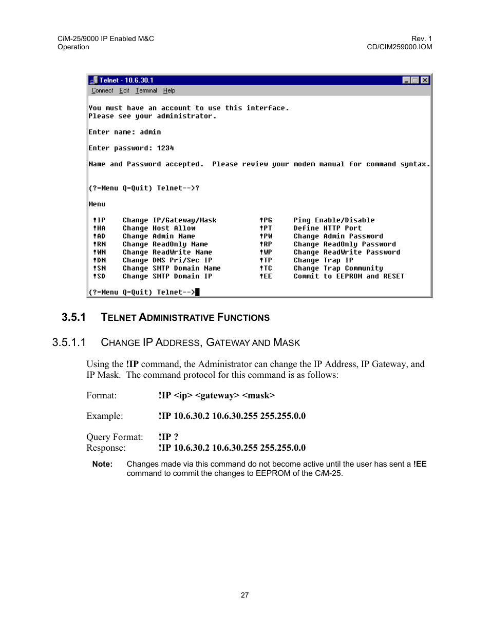 Telnet administrative functions | Comtech EF Data CiM-25/9000 User Manual | Page 45 / 134