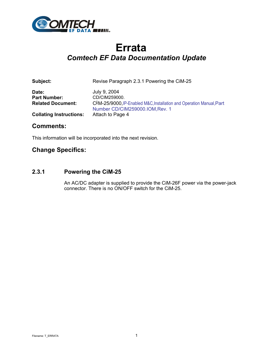 Errata c, Comtech ef data documentation update | Comtech EF Data CiM-25/9000 User Manual | Page 5 / 134