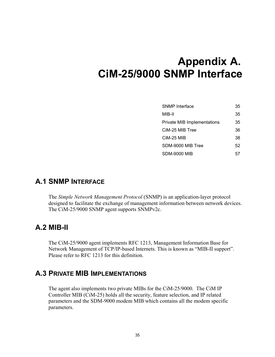 Cim-25/9000 snmp interface, Snmp interface, Mib-ii | Private mib implementations, Appendix a. cim-25/9000 snmp interface, A.1 snmp interface, A.2 mib-ii, A.3 private mib implementations, A.1 snmp i, A.3 p | Comtech EF Data CiM-25/9000 User Manual | Page 53 / 134