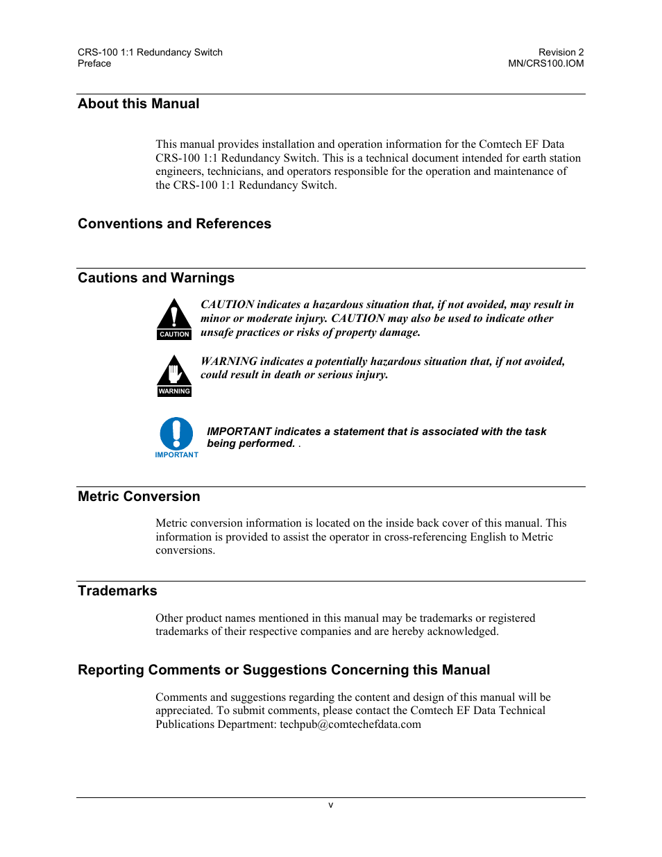 About this manual, Conventions and references, Cautions and warnings | Metric conversion, Trademarks, Conventions and references cautions and warnings | Comtech EF Data CRS-100 User Manual | Page 10 / 38