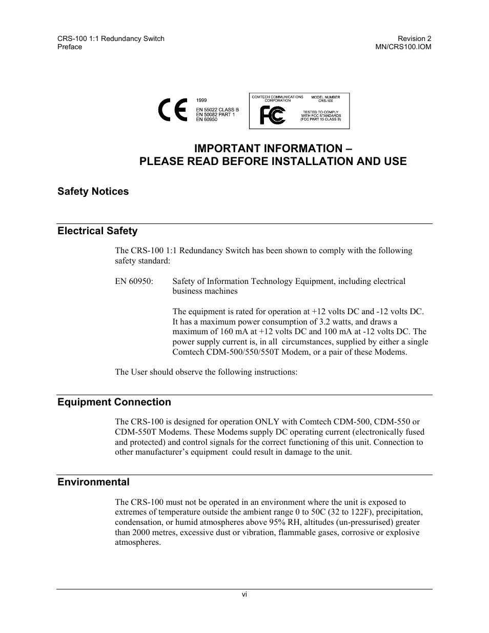 Safety notices, Electrical safety, Equipment connection | Environmental | Comtech EF Data CRS-100 User Manual | Page 11 / 38