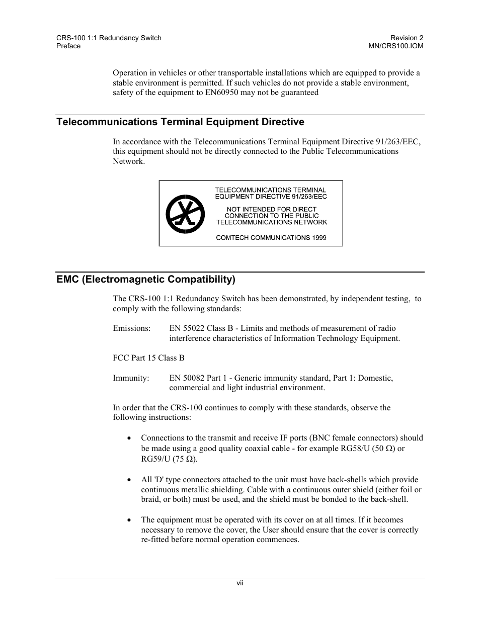 Telecommunications terminal equipment directive, Emc (electromagnetic compatibility) | Comtech EF Data CRS-100 User Manual | Page 12 / 38