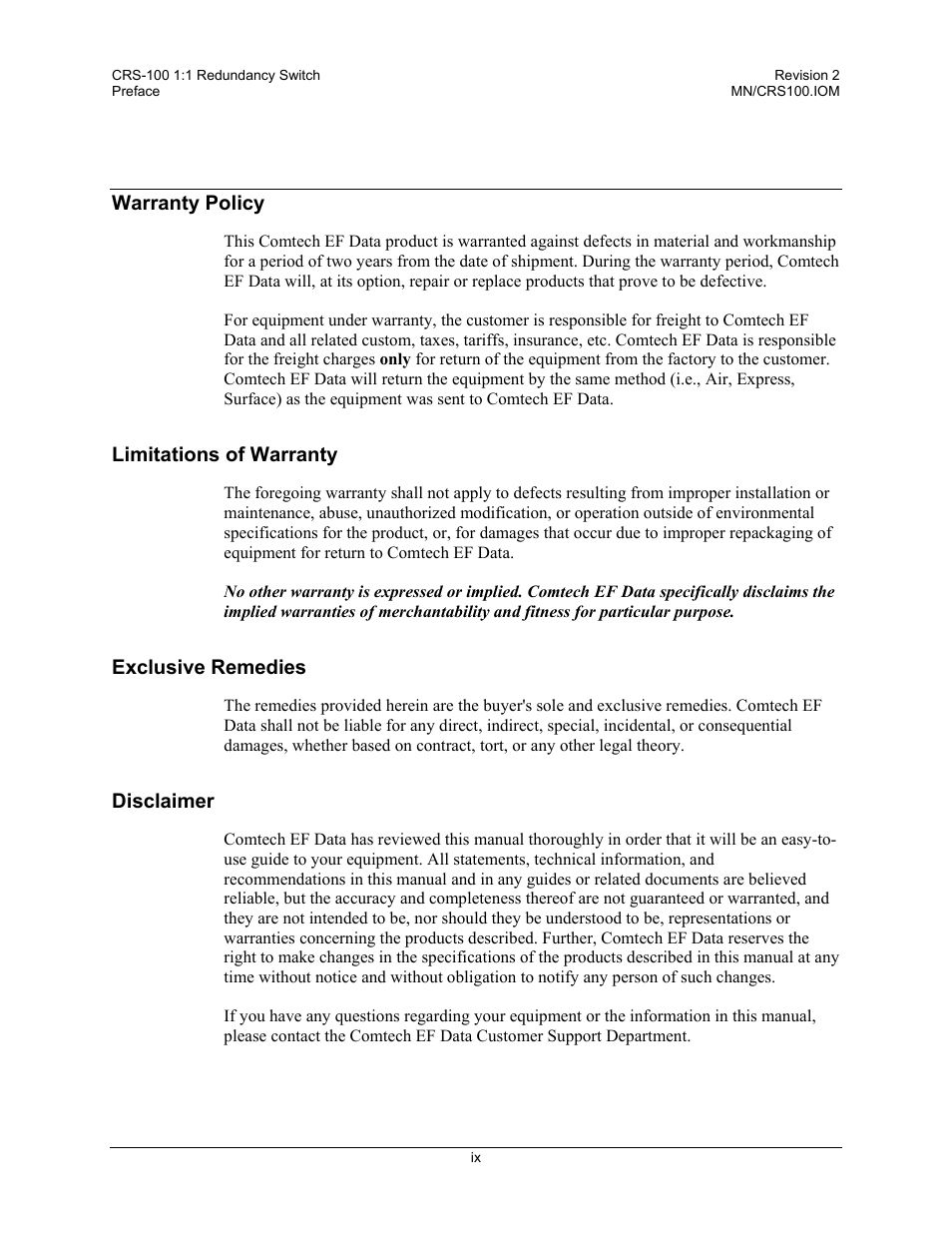 Warranty policy, Limitations of warranty, Exclusive remedies | Disclaimer | Comtech EF Data CRS-100 User Manual | Page 14 / 38