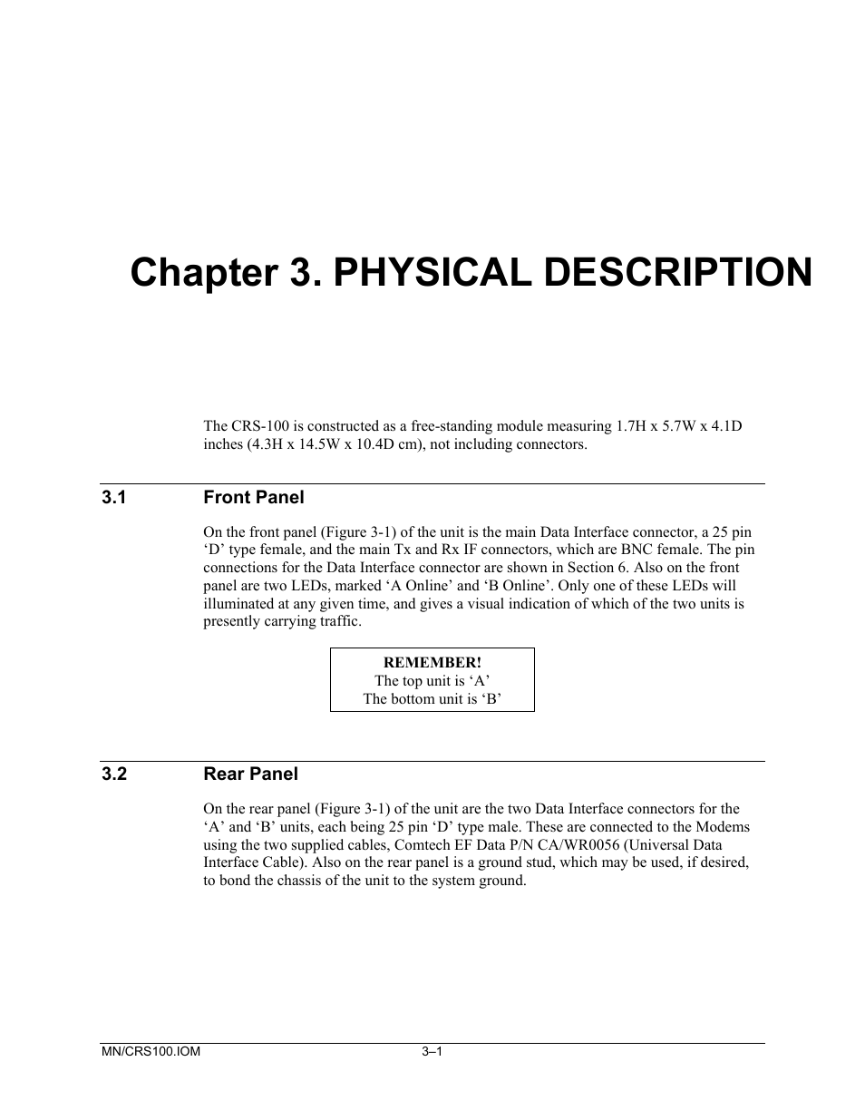 Physical description, Front panel, Rear panel | Chapter 3. physical description | Comtech EF Data CRS-100 User Manual | Page 23 / 38