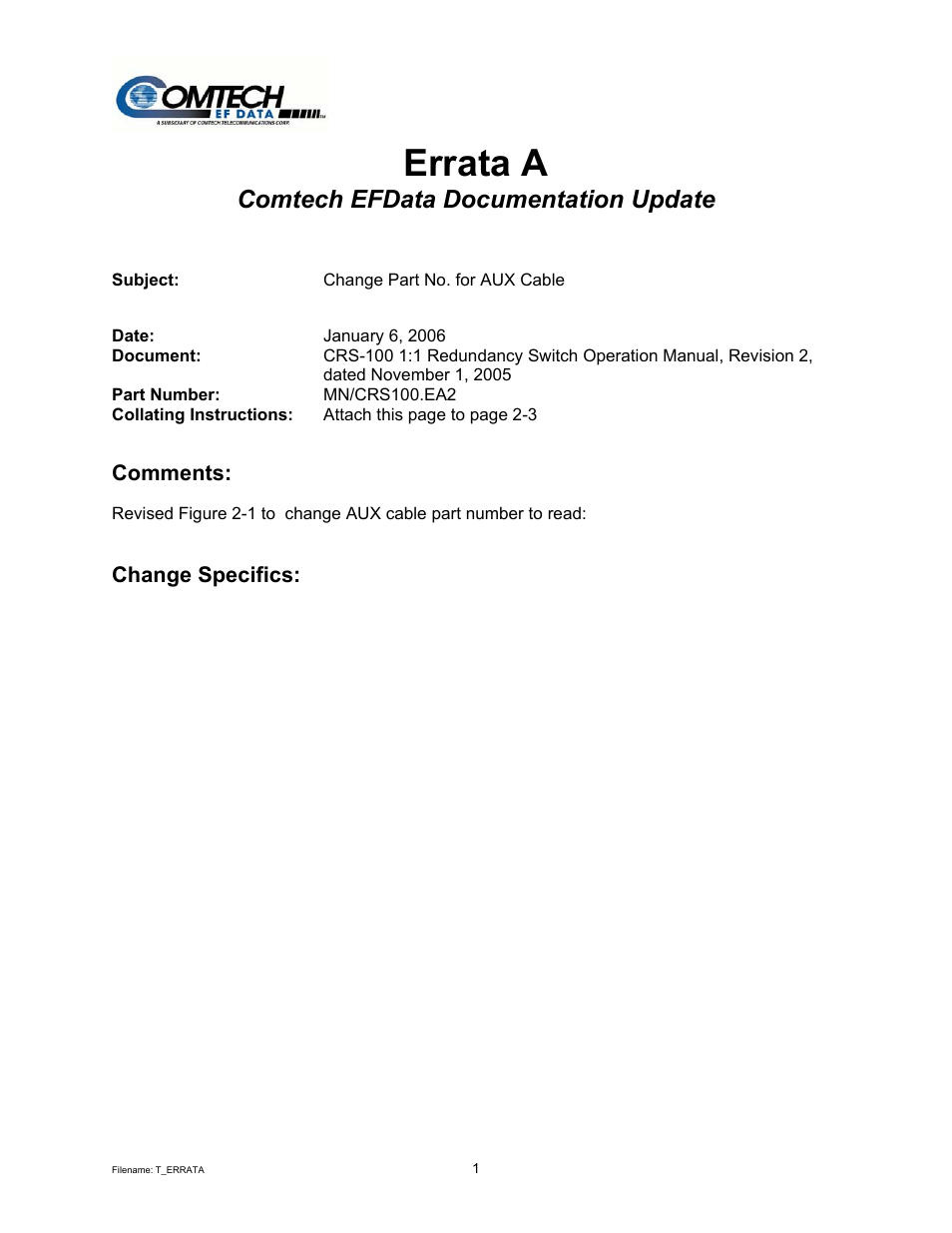 Errata a, Comtech efdata documentation update | Comtech EF Data CRS-100 User Manual | Page 3 / 38