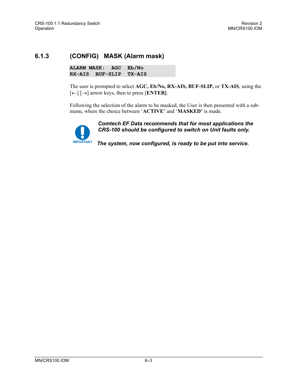 Config) mask (alarm mask), 3 (config) mask (alarm mask) | Comtech EF Data CRS-100 User Manual | Page 33 / 38