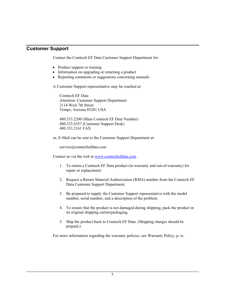 Customer support | Comtech EF Data CRS-100 User Manual | Page 7 / 38