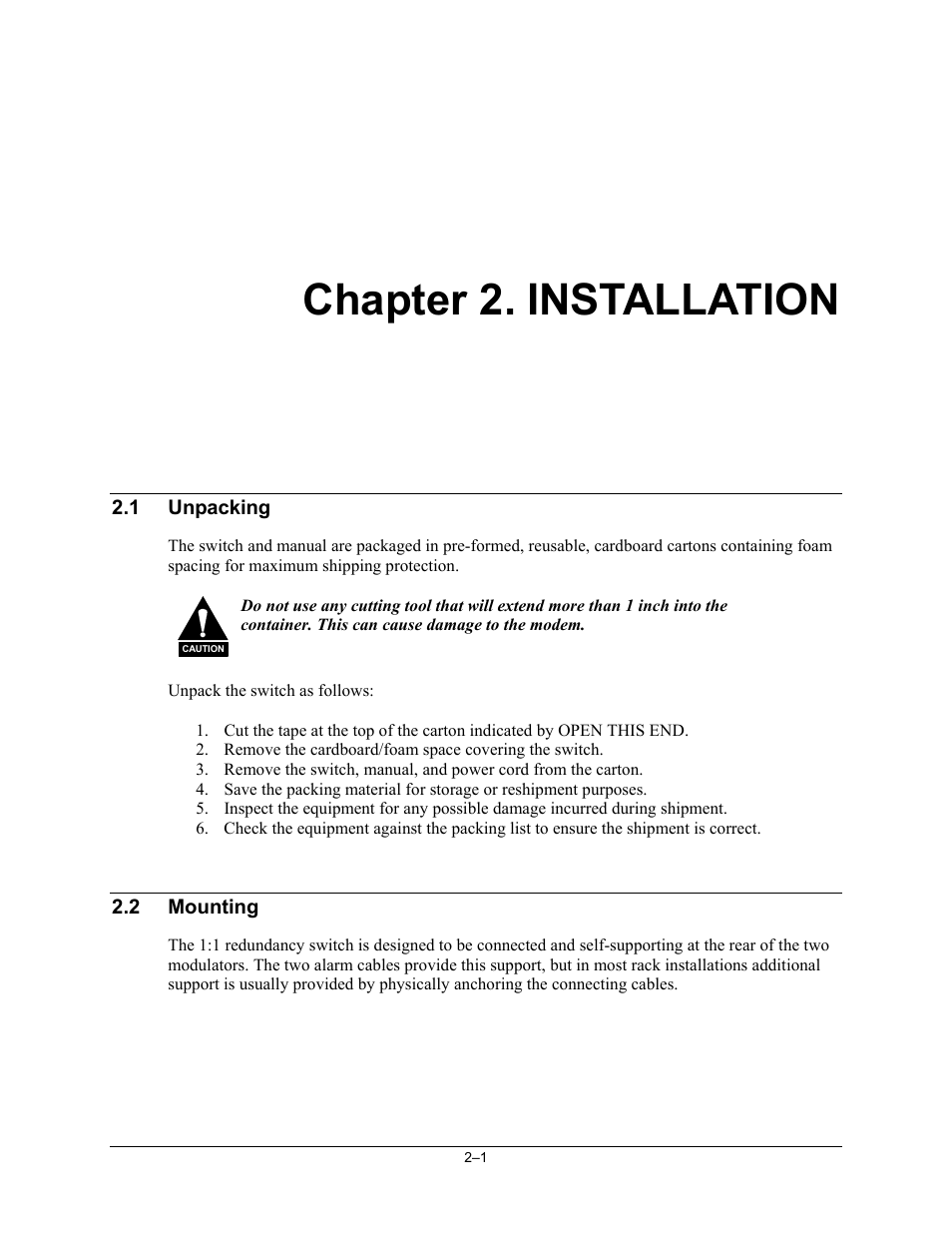 Installation, Unpacking, Mounting | Chapter 2. installation | Comtech EF Data CRS-120 User Manual | Page 23 / 44