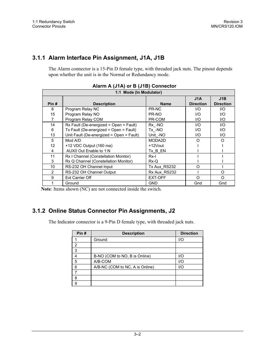 Alarm interface pin assignment, j1a, j1b, Online status connector pin assignments, j2, 1 alarm interface pin assignment, j1a, j1b | 2 online status connector pin assignments, j2 | Comtech EF Data CRS-120 User Manual | Page 30 / 44