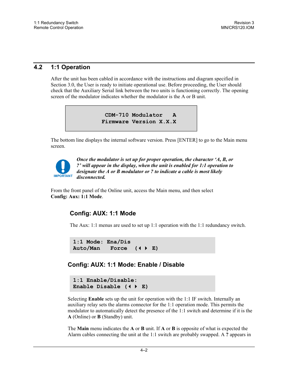 1 operation, Config: aux: 1:1 mode, Config: aux: 1:1 mode: enable / disable | Comtech EF Data CRS-120 User Manual | Page 34 / 44